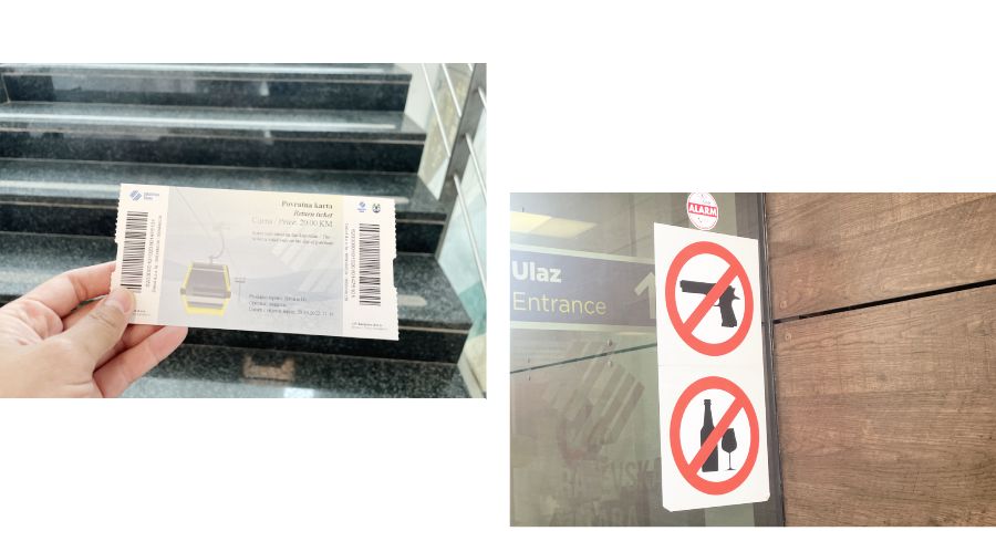 纜車來回票價一張 20 KM（左)，搭乘纜車禁止攜帶物品的告示牌 (右)