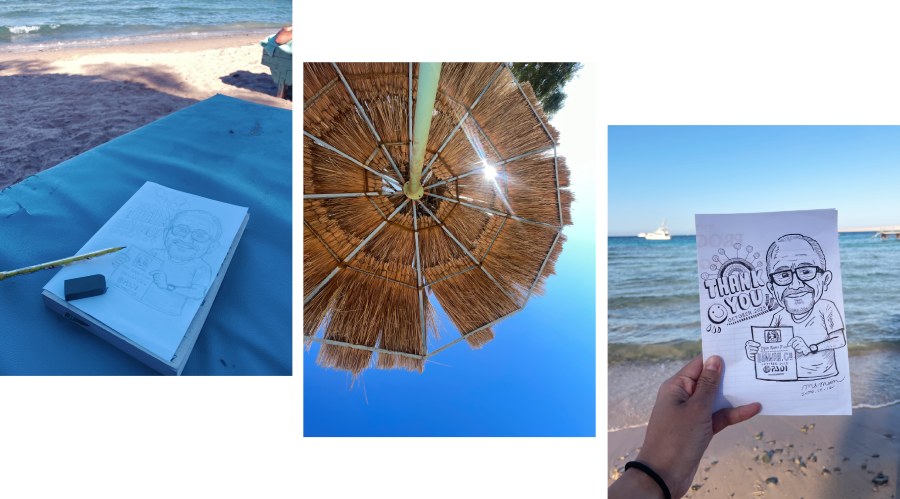 我找了處公共沙灘，在躺椅上開始作畫，情感太過豐沛，使我不願錯過任何細節