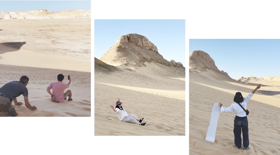 在沙漠中體驗滑沙的活動，不亦樂乎