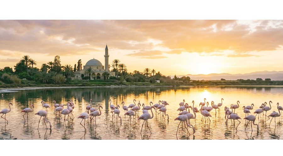 日落時分的拉納卡鹽湖被染成了琥珀色，遠方的紅鶴群與清真寺倒影